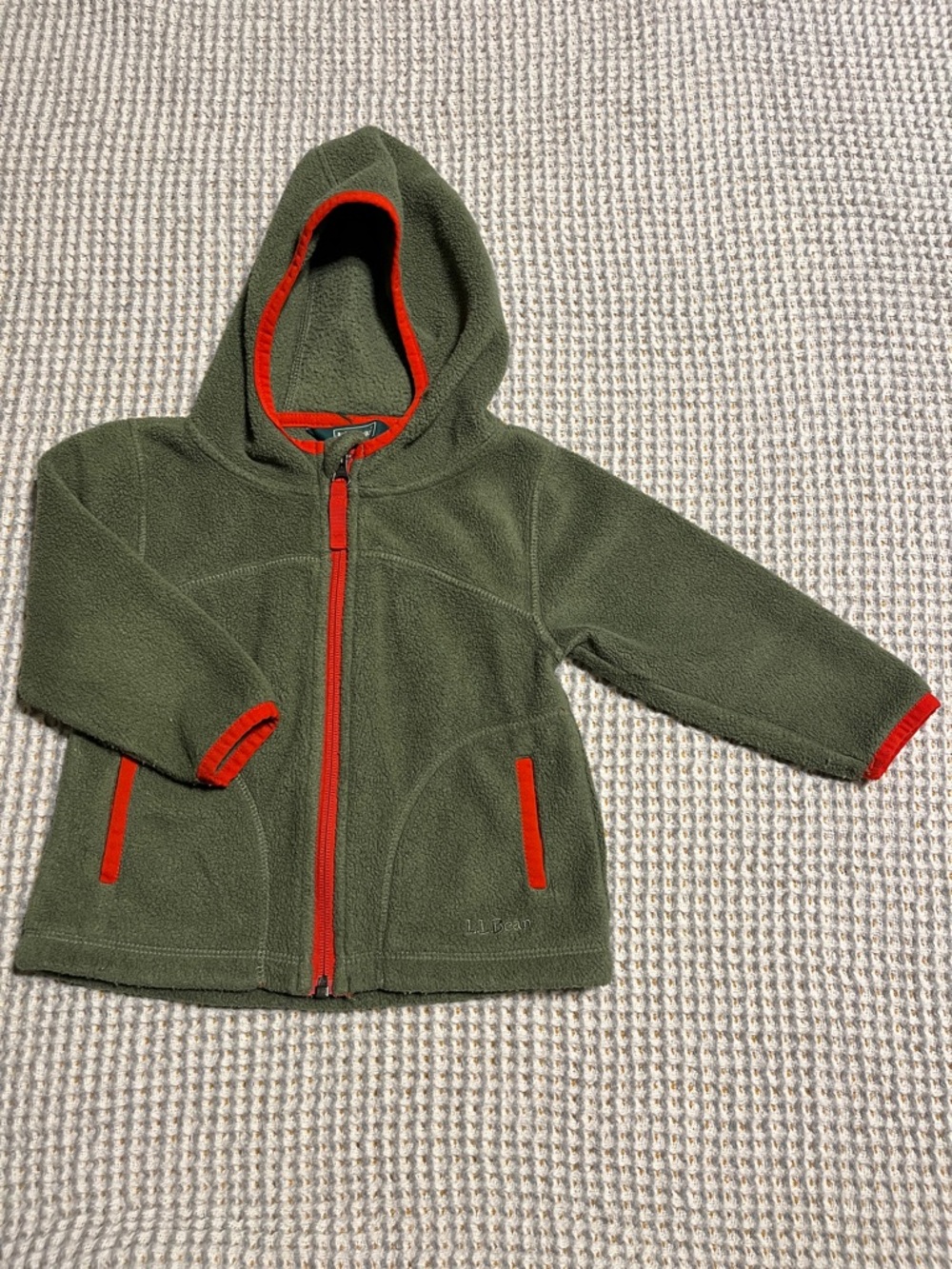 L L Bean Olive Green Hooded Fleece Jacket with Orange Trim